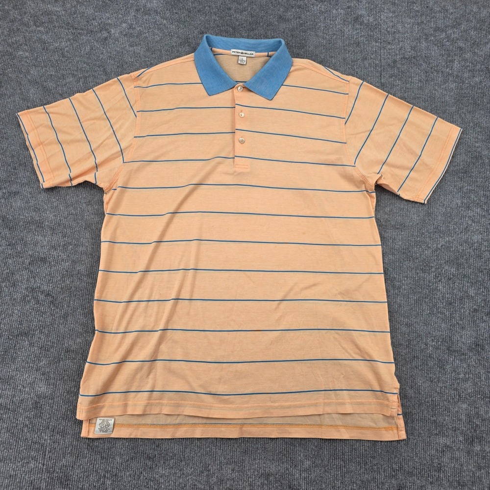 Peter Millar Mens Large Peach Blue Striped Cotton Short Sleeve Golf Polo Shirt